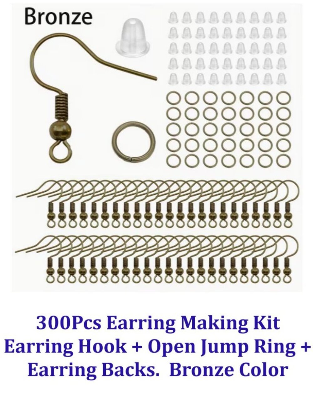 Bronze 300Pcs Earring Making Kit - Earring Hook + Open Jump Ring + Earplug Set